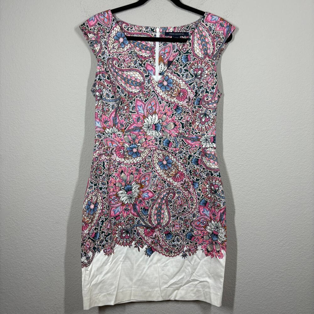 French Connection 10 Sundown Border Sheath Dress Pink Cotton Paisley Sleeveless - Picture 2 of 10